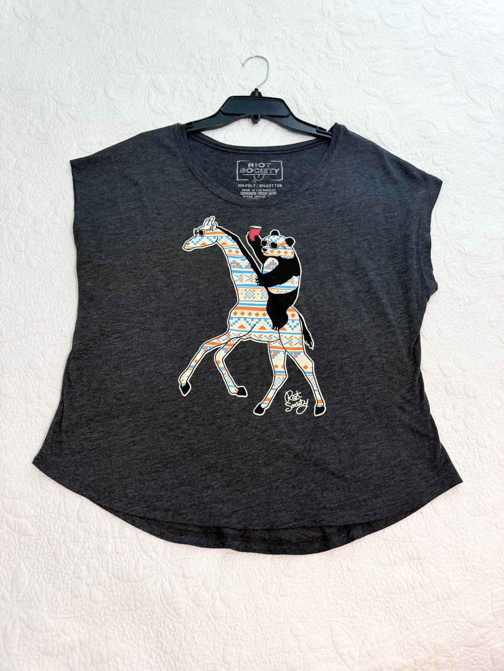 Riot Society tshirt womens size large gray panda riding a giraffe Aztec print